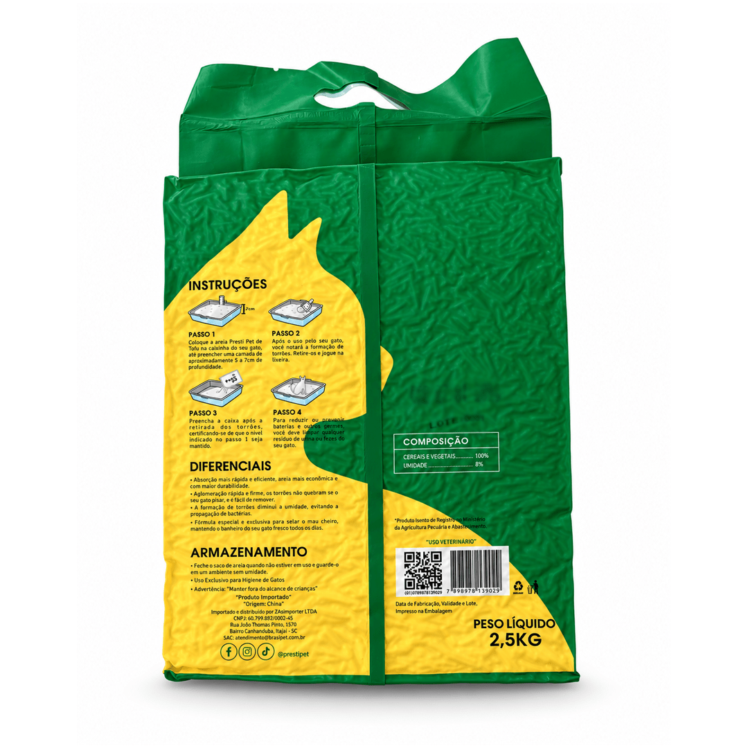 Areia de tofu Prestipet super absorvente, com controle de odores e torrões firmes