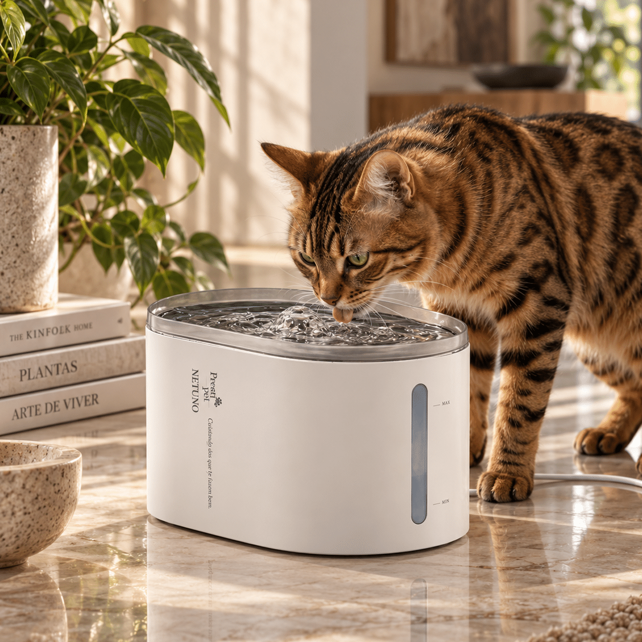 Bebedouro automático Netuno PrestiPet com fluxo contínuo de água, disponível em branco e preto