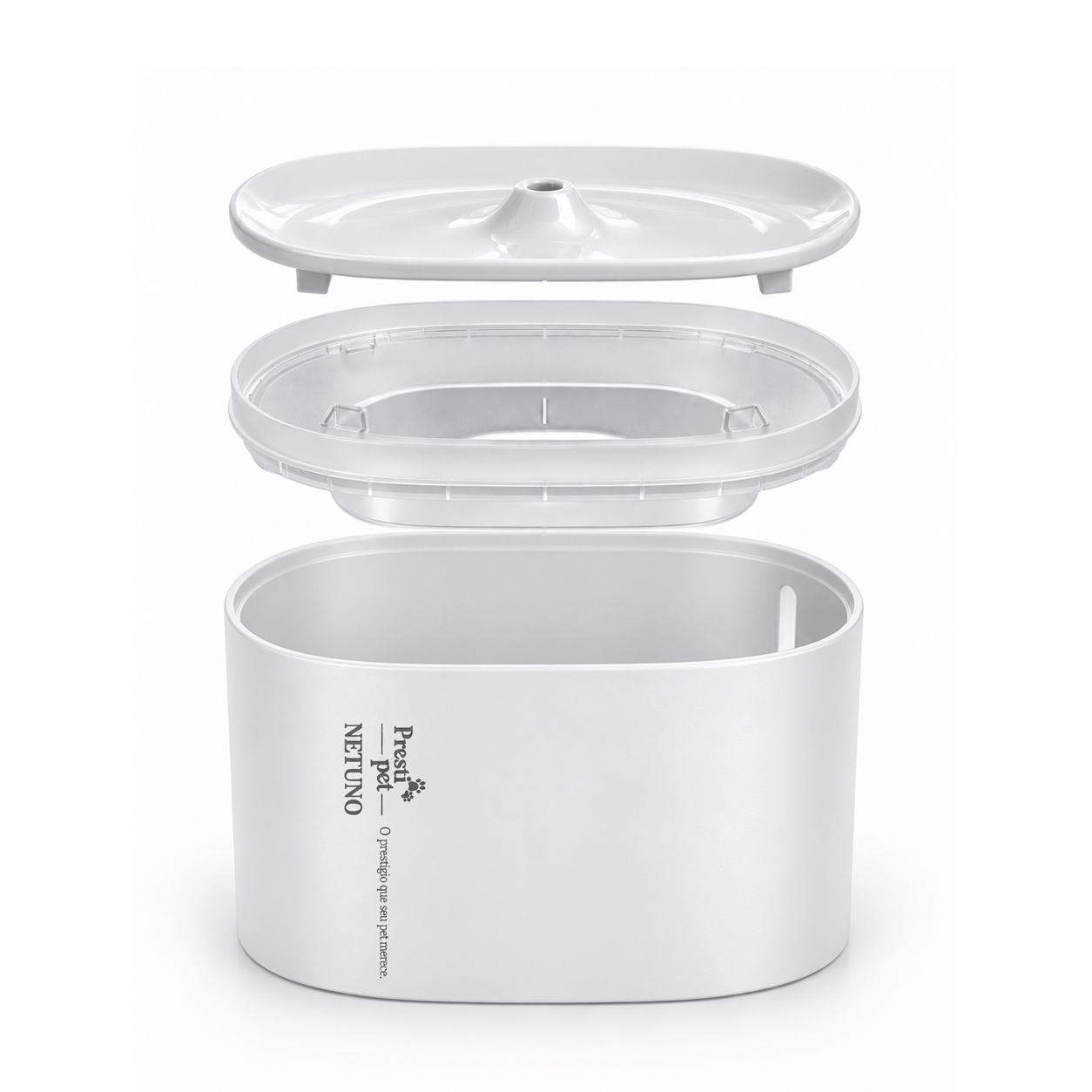 Bebedouro automático Netuno PrestiPet com fluxo contínuo de água, disponível em branco e preto