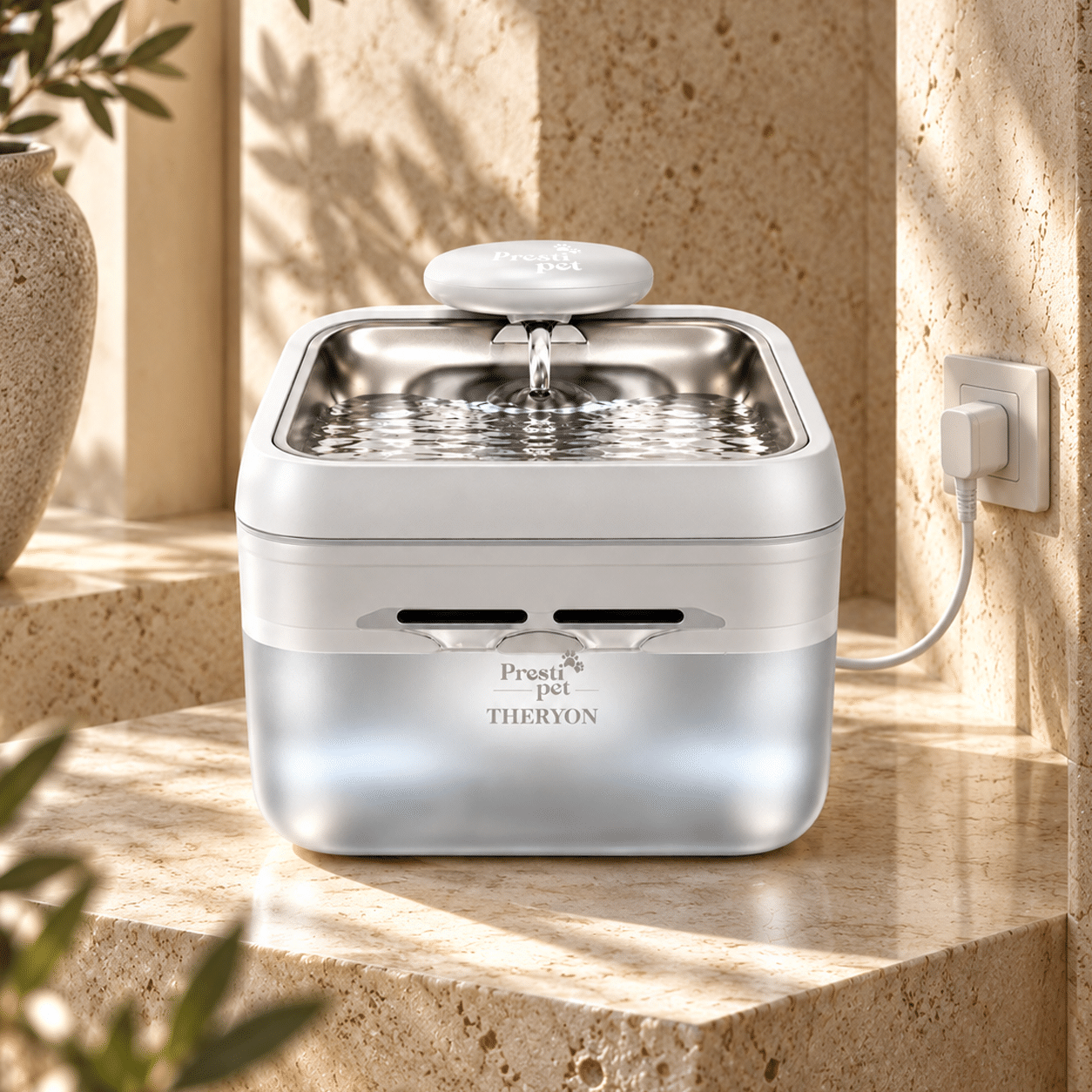 Bebedouro automático Theryon PrestiPet Premium para cães e gatos, nas cores branco e preto