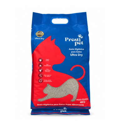 Embalagem da areia higiênica Ultra Dry Prestipet 4 kg, indicada para gatos de todas as idades