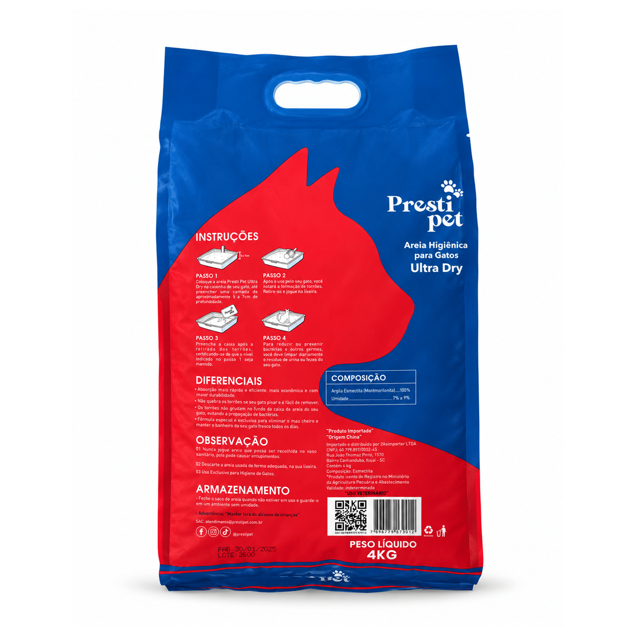 Embalagem da areia higiênica Ultra Dry Prestipet 4 kg, indicada para gatos de todas as idades