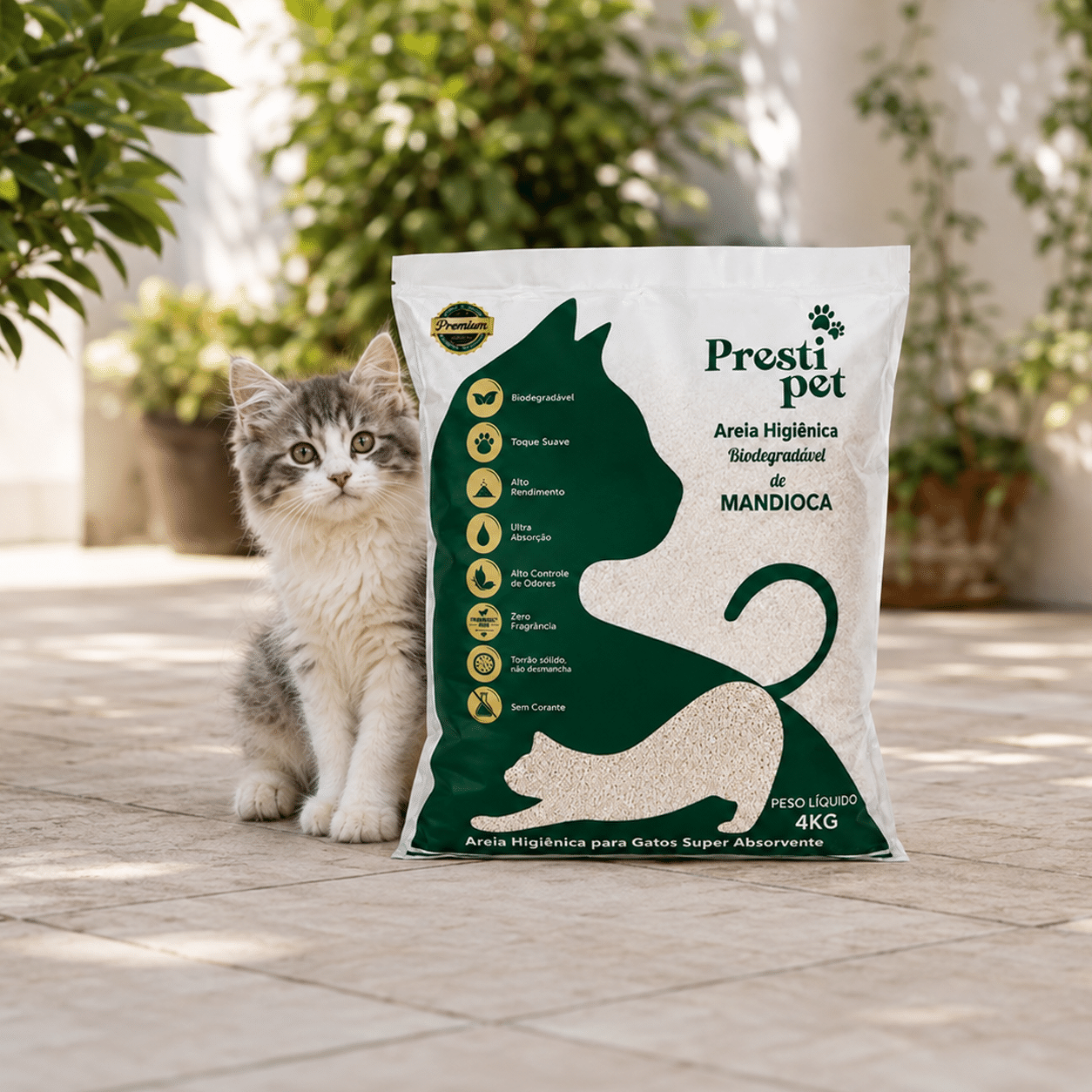 acote de areia higiênica biodegradável de mandioca Prestipet 4 kg para gatos
