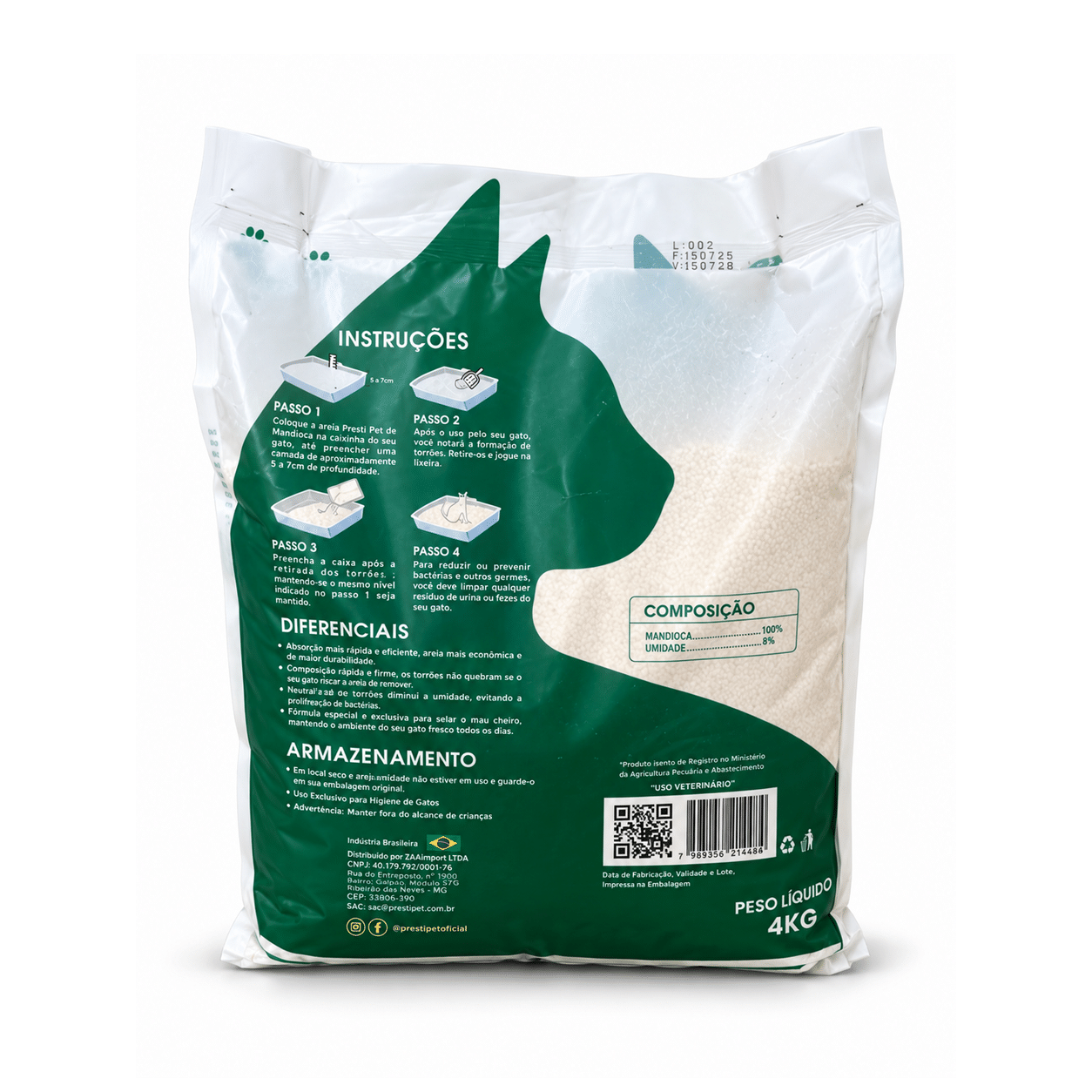 Verso da embalagem da areia de mandioca Prestipet 4 kg, com modo de uso e composição
