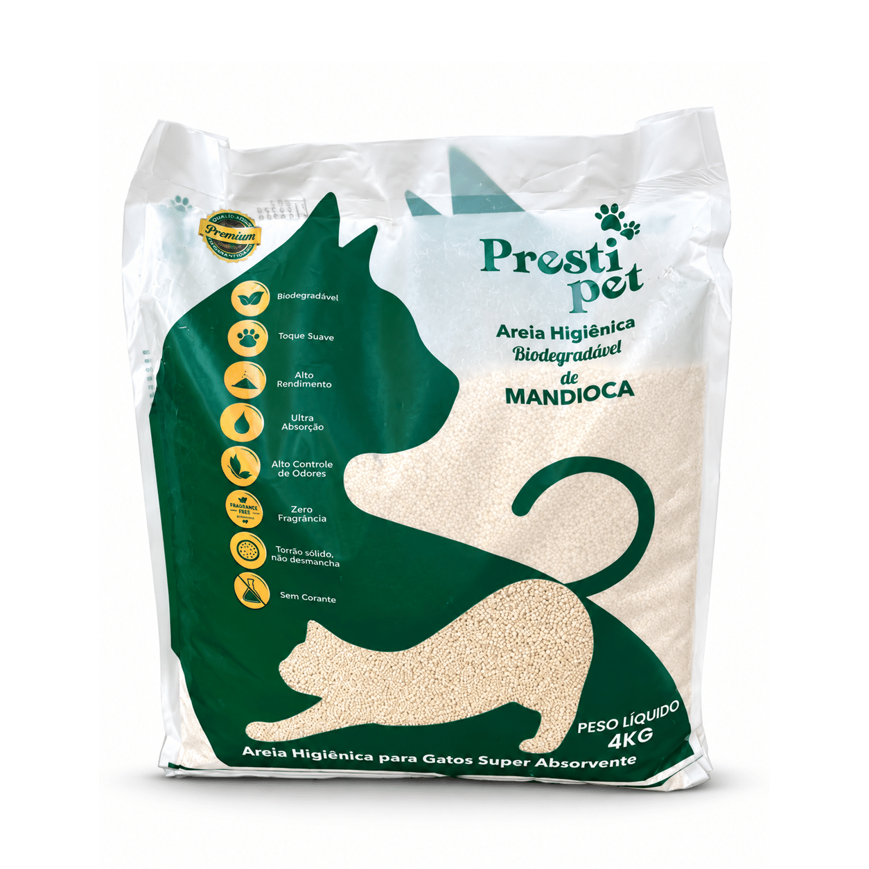 Frente da embalagem da areia de mandioca Prestipet 4 kg