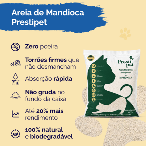 Pacote de areia higiênica biodegradável de mandioca Prestipet 4 kg para gatos