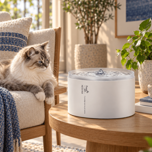 Bebedouro automático Netuno PrestiPet com fluxo contínuo de água, disponível em branco e preto