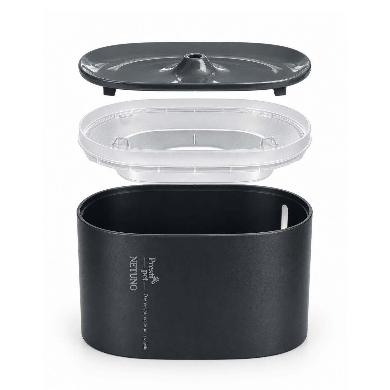 Bebedouro automático Netuno PrestiPet com fluxo contínuo de água, disponível em branco e preto