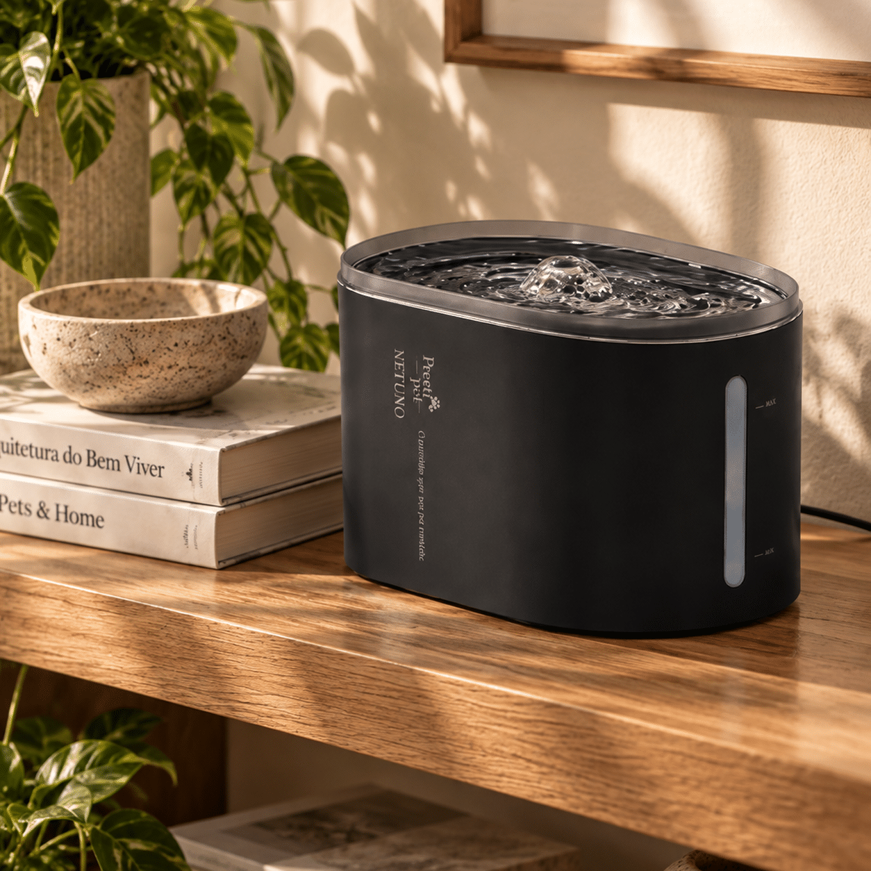 Bebedouro automático Netuno PrestiPet com fluxo contínuo de água, disponível em branco e preto