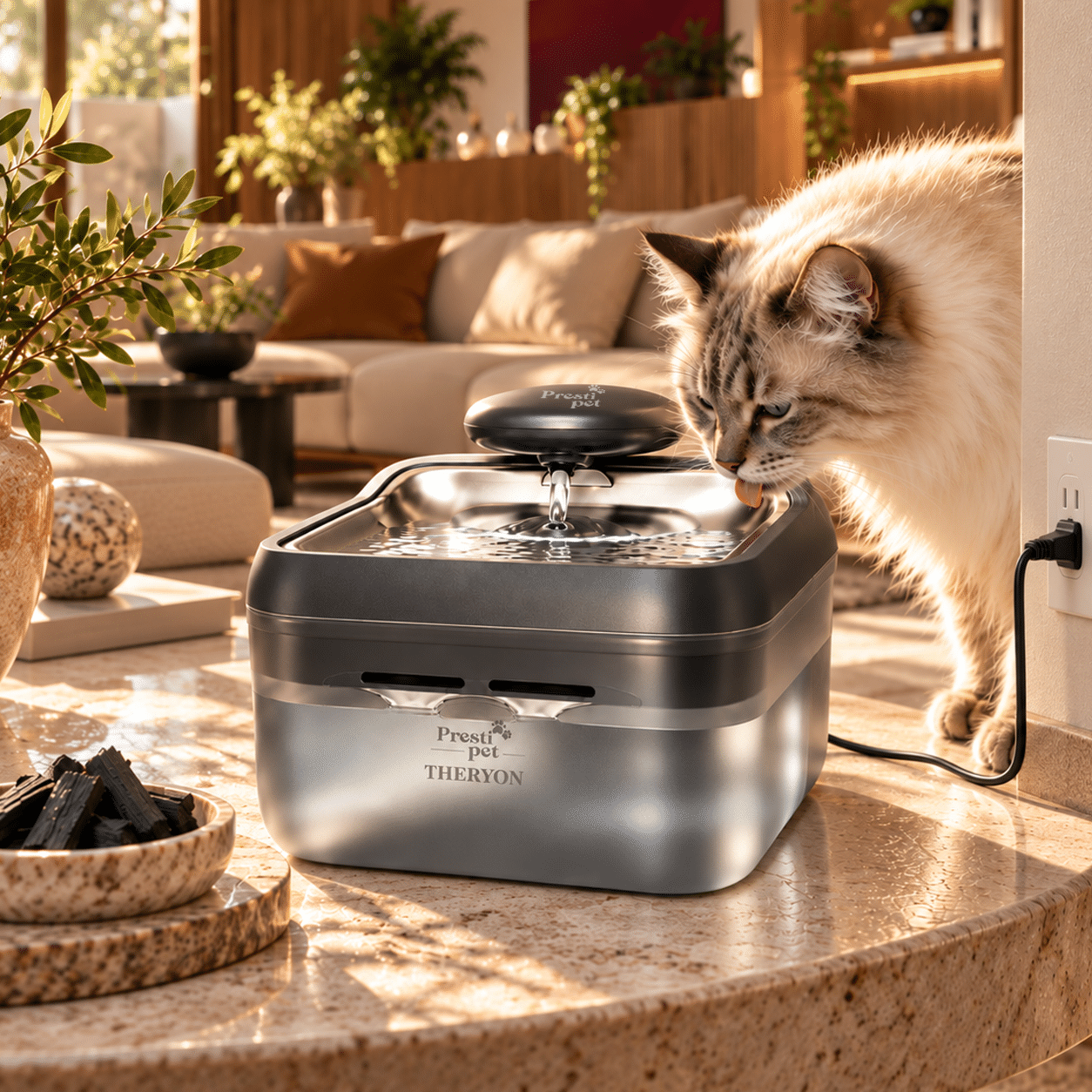 Bebedouro automático Theryon PrestiPet Premium para cães e gatos, nas cores branco e preto