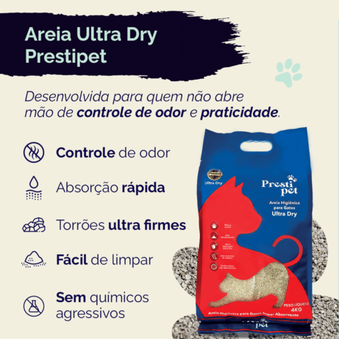 Embalagem da areia higiênica Ultra Dry Prestipet 4 kg, indicada para gatos de todas as idades
